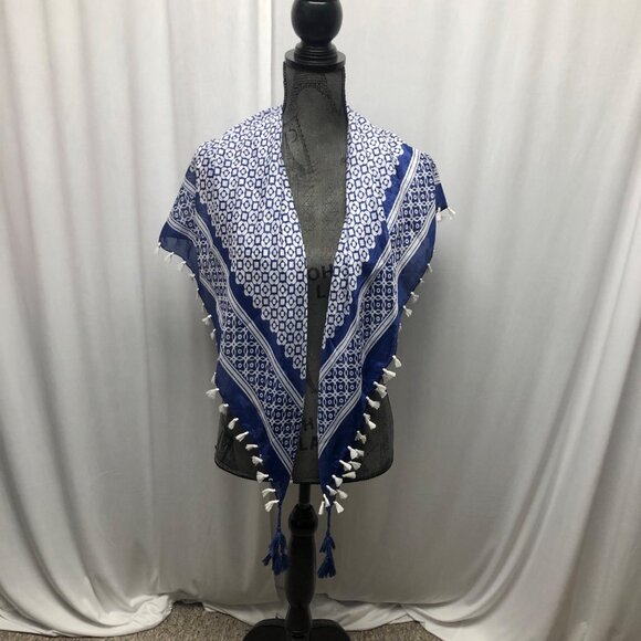 Blue White Geometric Pattern Tassel Scarf Wrap Square 39x41in - Picture 1 of 5